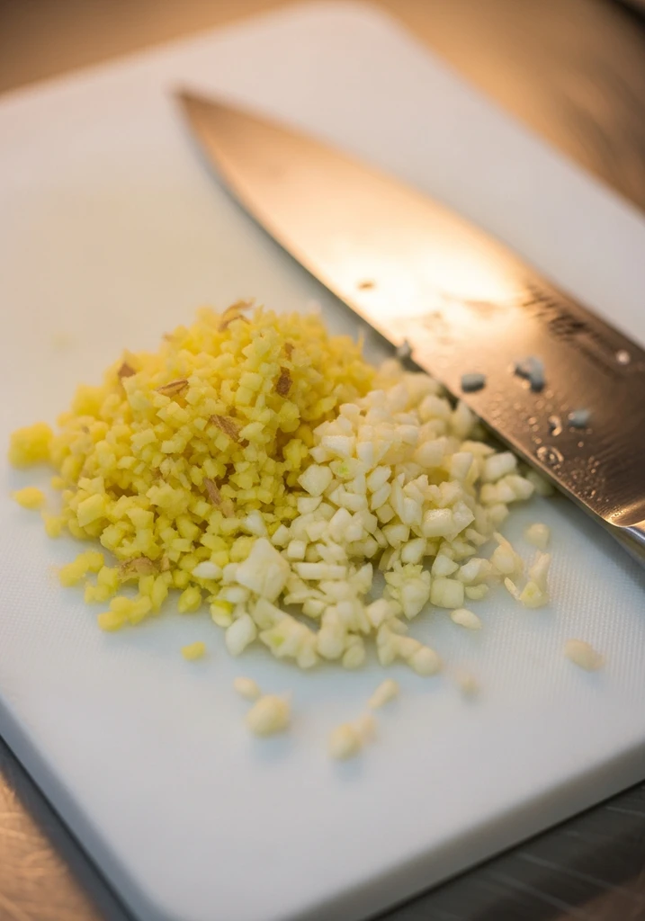 Close-up of finely minced fresh ginger and garlic on a small white cutting board, a chef's knife resting beside them.