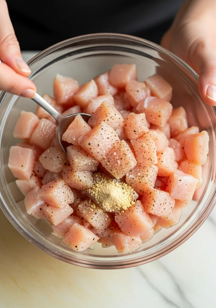 Finely diced raw chicken breast in a glass bowl, seasoned with salt, pepper, and garlic powder, being tossed by hand.