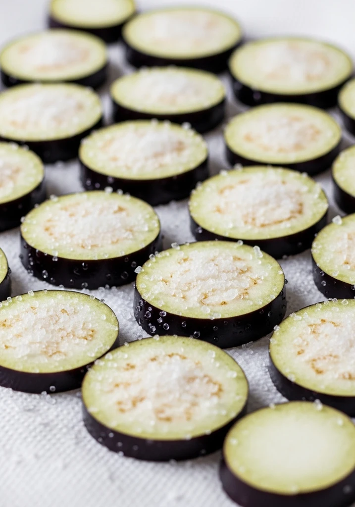Round, 1/2-inch thick eggplant slices on white paper towels, covered in coarse white salt, with visible water droplets.