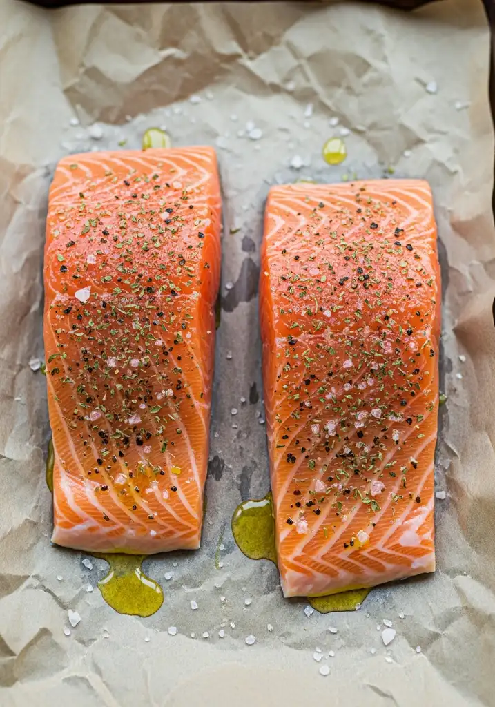 Two raw salmon fillets seasoned with herbs, salt, pepper, and olive oil on a white parchment-lined baking sheet.