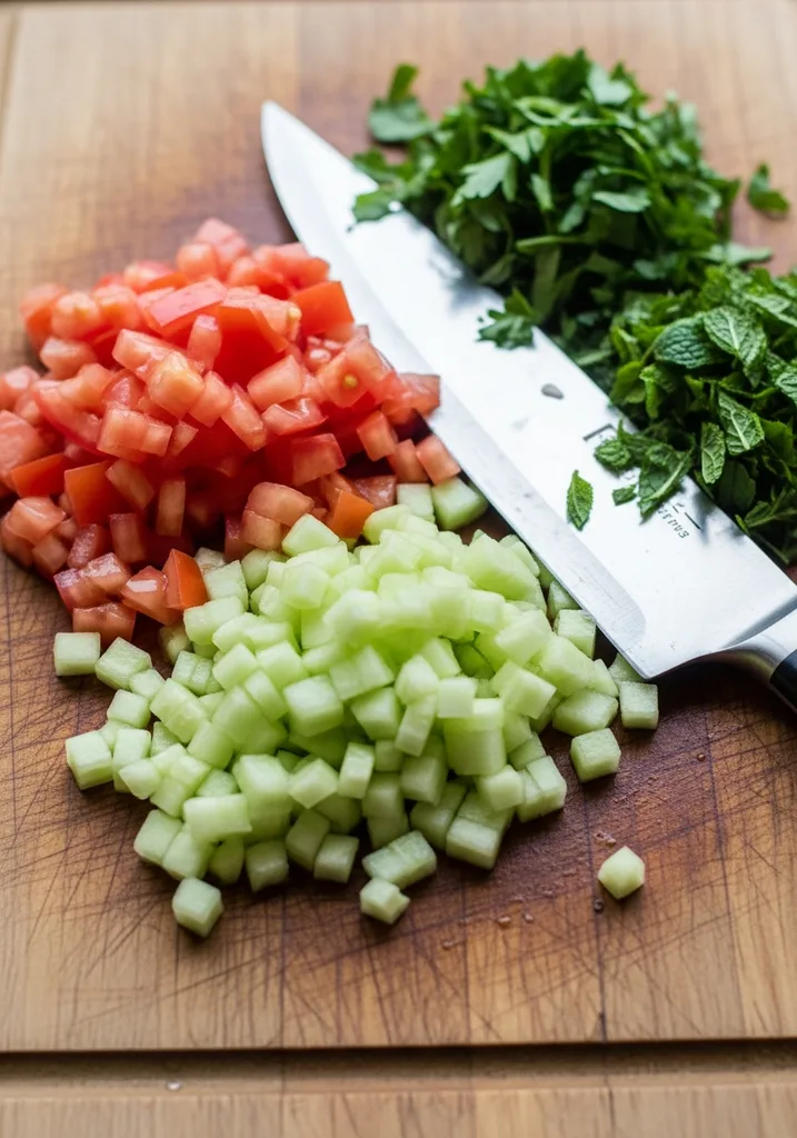 Finely diced red tomatoes, green cucumber, and chopped fresh parsley and mint on a wooden board.