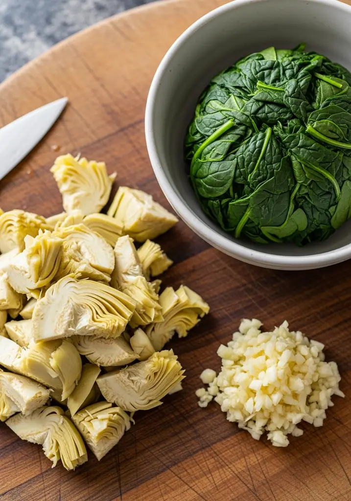 Finely minced garlic, thoroughly squeezed spinach, and chopped artichoke hearts on a wooden board.