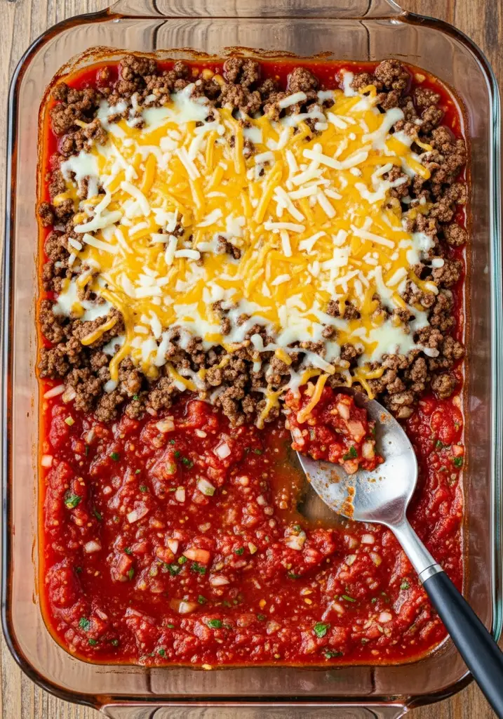 Overhead view of a clear glass 9x13 baking dish with red salsa and black beans spread evenly on the bottom.