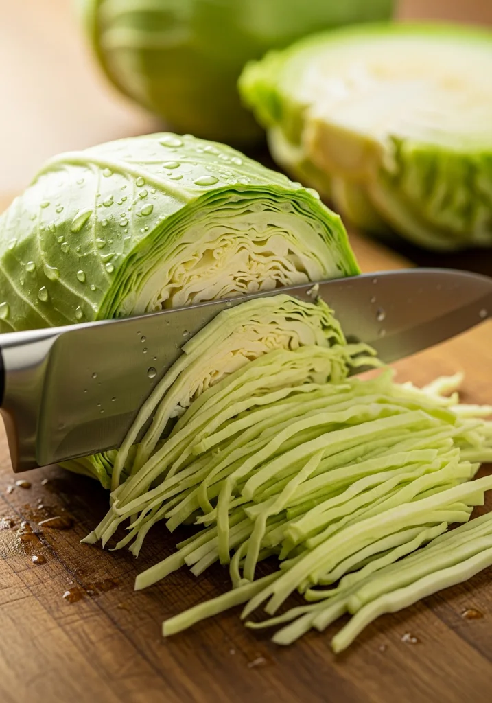 Chef's knife slicing green cabbage into thin, uniform 1/4-inch strips on a wooden cutting board, with core removed.