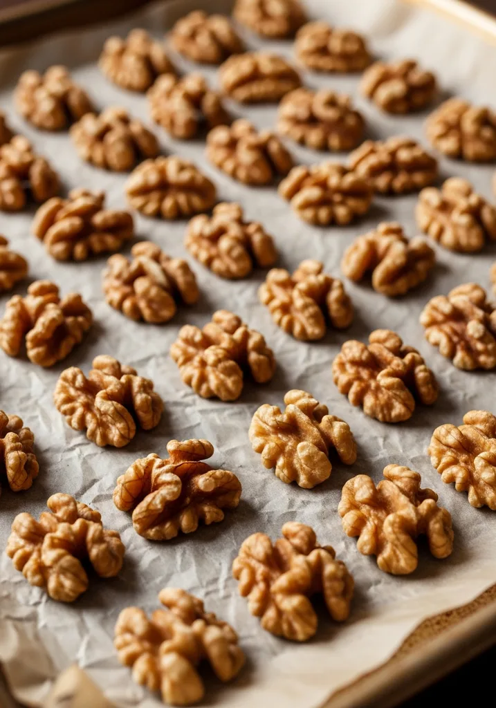 Lightly toasted golden-brown walnuts spread on a parchment-lined baking sheet, ready for grinding.