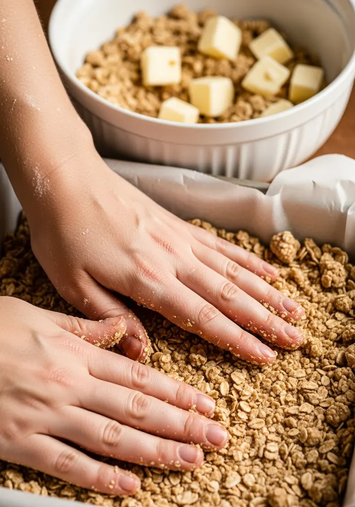 Hands pressing pale, crumbly oat and almond flour mixture into a parchment-lined rectangular baking pan to form a base.