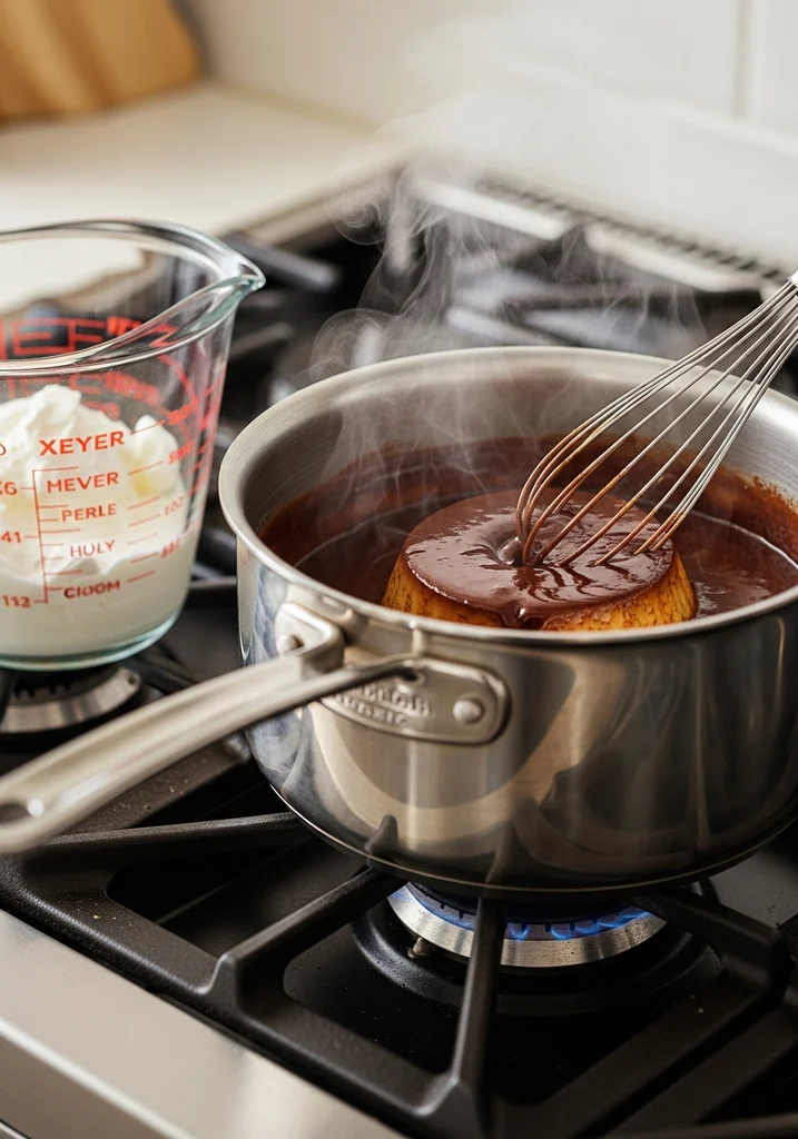 Whisk mixing dark brown chocolate flan base in a saucepan on a stovetop, with gentle steam rising.