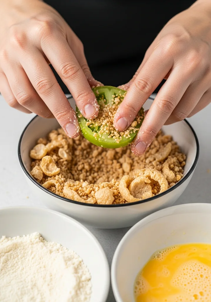 Hands coating a green tomato slice in crushed pork rinds, creating a thick, even layer.