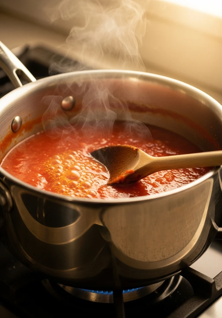 Red marinara sauce simmering in a silver saucepan with a wooden spoon, releasing gentle steam, warm kitchen lighting.