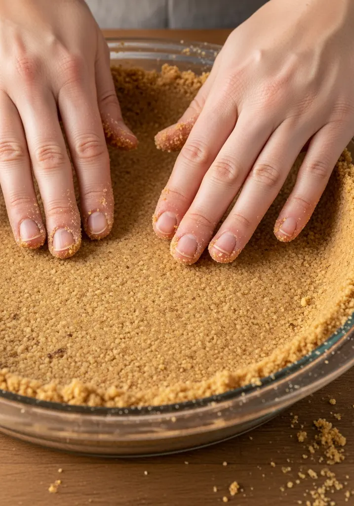 Hands firmly pressing the walnut crust mixture into a 9-inch glass pie plate, forming an even layer.