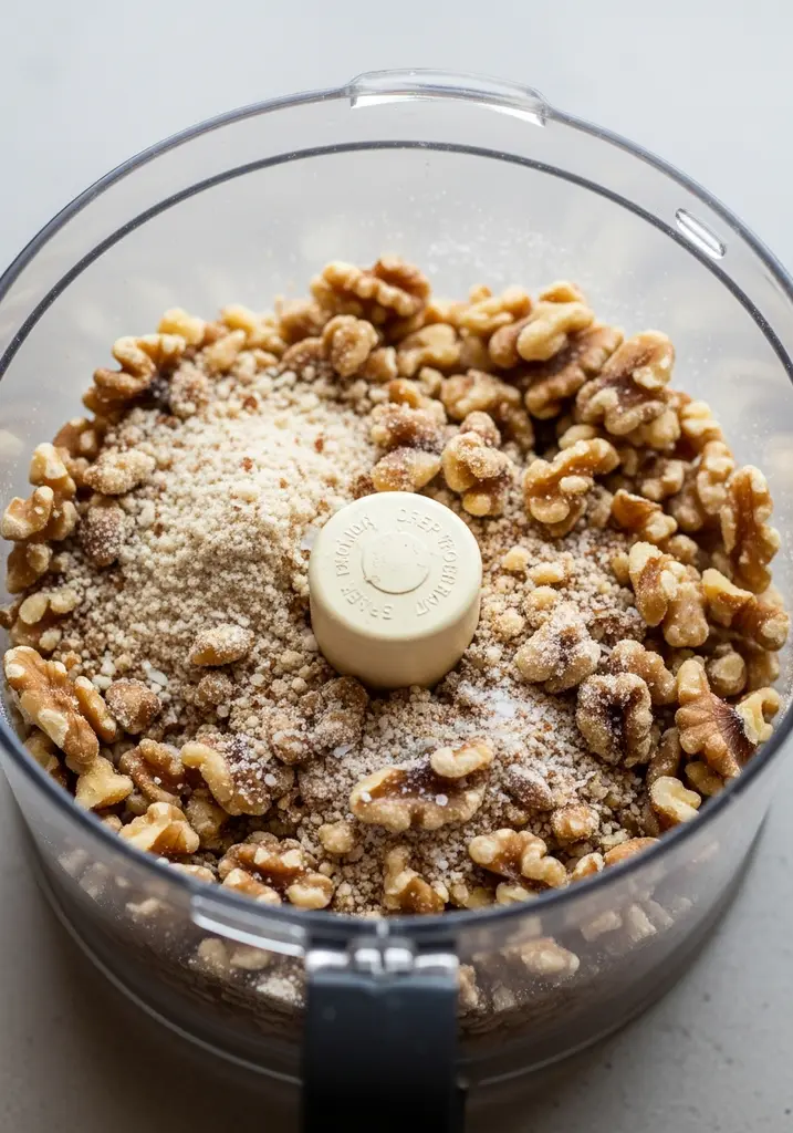 Coarsely ground walnuts mixed with almond flour and sweetener in a food processor, ready for butter.