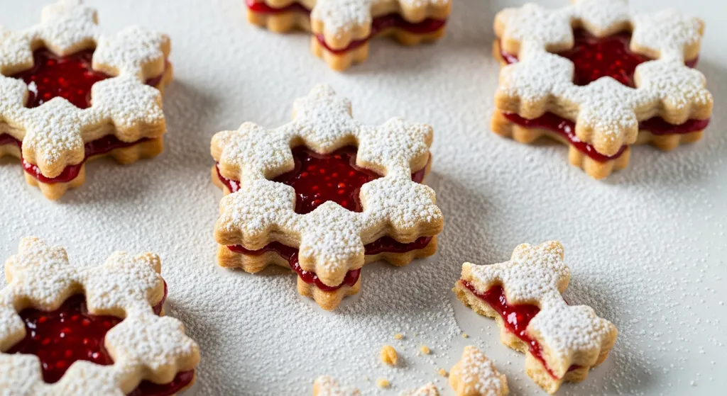 Raspberry Linzer Snowflake Cookies