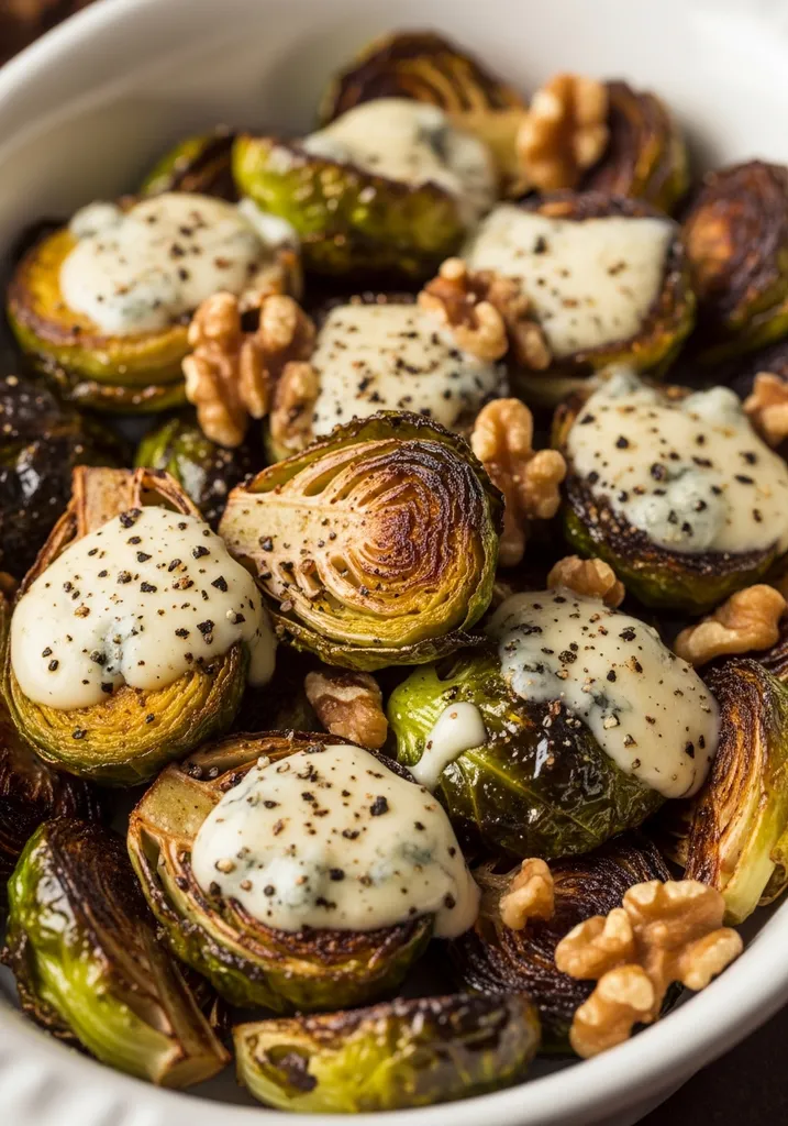 Crispy Roasted Brussels Sprouts with Walnuts and Blue Cheese