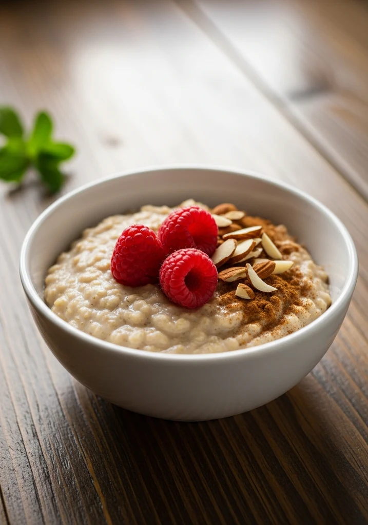 White bowl of creamy keto oatmeal topped with red raspberries, sliced almonds, and a dash of cinnamon.