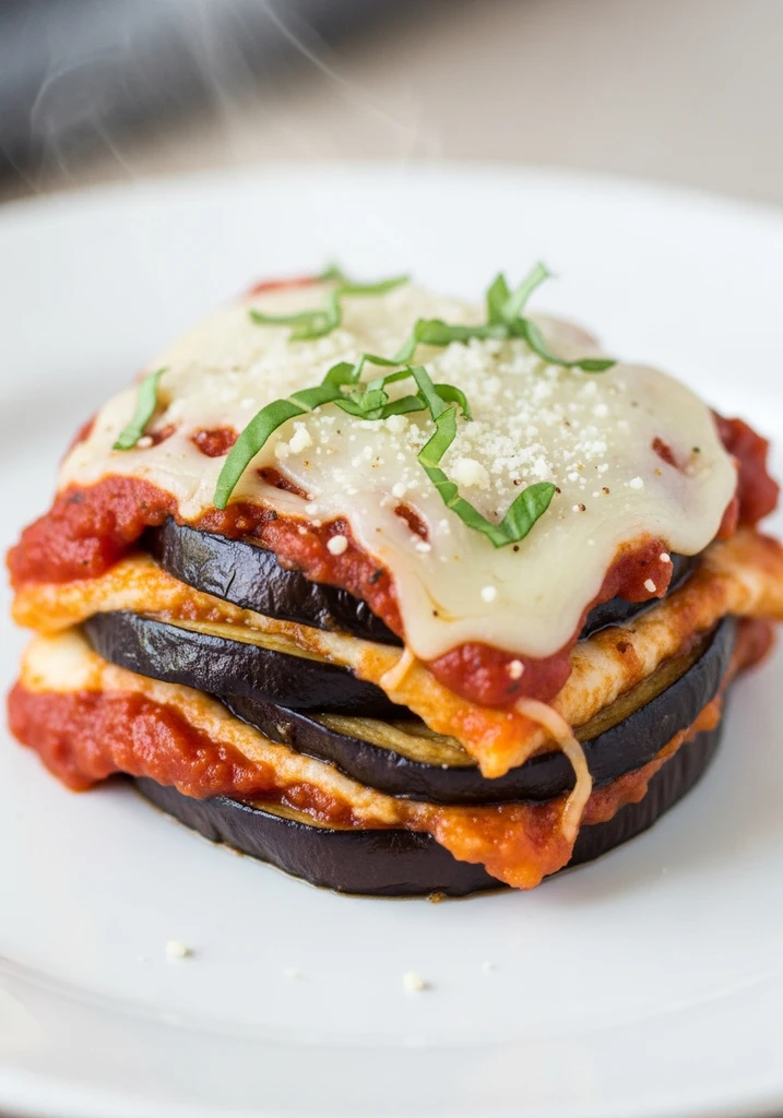 A neatly cut slice of keto eggplant parmesan on a white plate, topped with fresh green basil leaves, with visible layers.