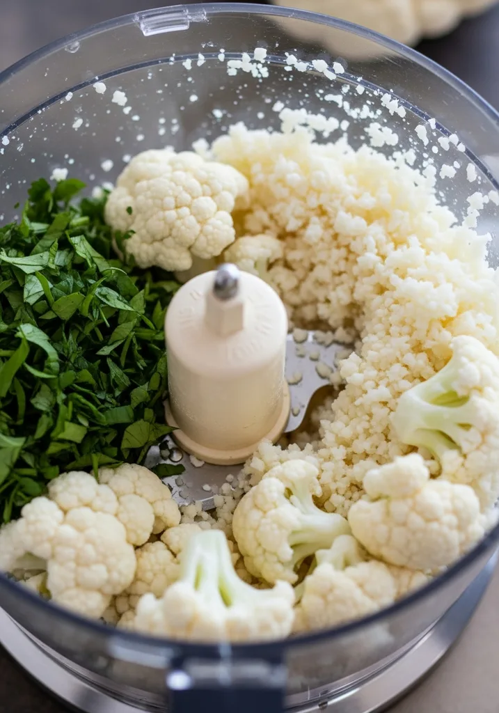 Close-up of white cauliflower florets being pulsed into rice-like grains in a clear food processor bowl.