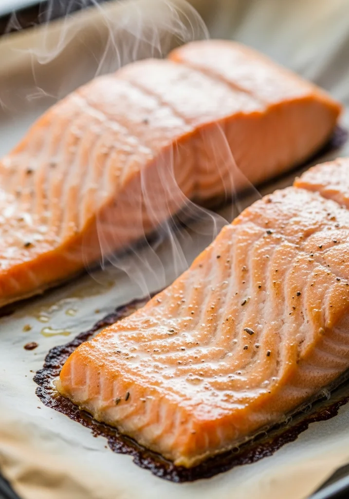 Golden-pink, flaky cooked salmon fillets on a parchment-lined baking sheet, just removed from a hot oven.