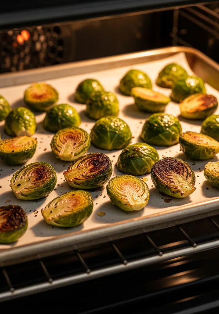 Halved Brussels sprouts in a single layer on a parchment-lined baking sheet, showing crispy, browned edges.