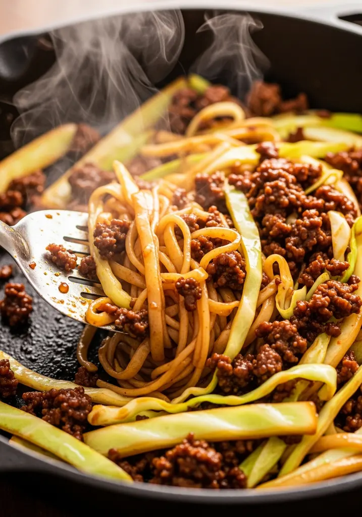 Cabbage noodles and ground meat coated in a glossy, dark sauce in a skillet, being stirred with a spatula.