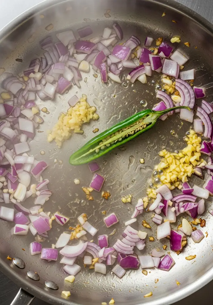 Chopped red onions, minced ginger, garlic, and green chili sautéing in ghee in a stainless steel skillet, emitting steam.