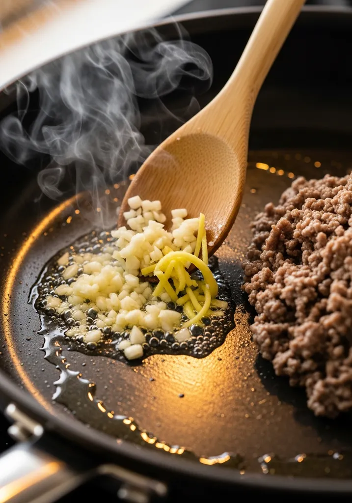 Minced garlic and grated ginger sizzling in avocado oil in a skillet, next to browned ground meat, being stirred.