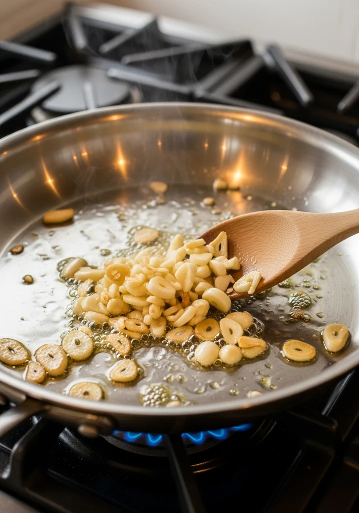 Minced garlic sizzling and turning golden in a stainless steel skillet with olive oil, stirred by a wooden spoon.