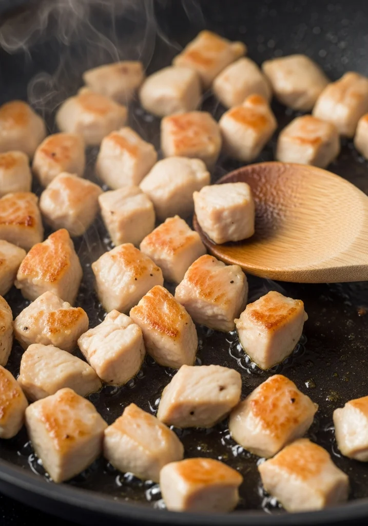 Diced chicken breast sizzling and browning in a non-stick skillet with olive oil, steam rising, being stirred with a wooden spoon.
