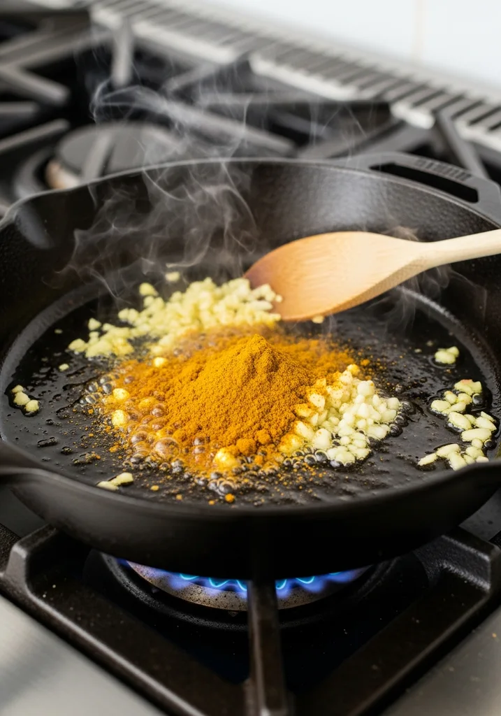 Skillet on a gas stovetop with coconut oil, minced ginger, garlic, and yellow curry powder sizzling, stirred with a wooden spoon.