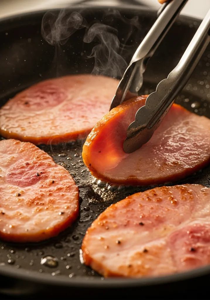Four slices of cooked ham searing in a non-stick pan, showing golden-brown edges and a slight crisp.