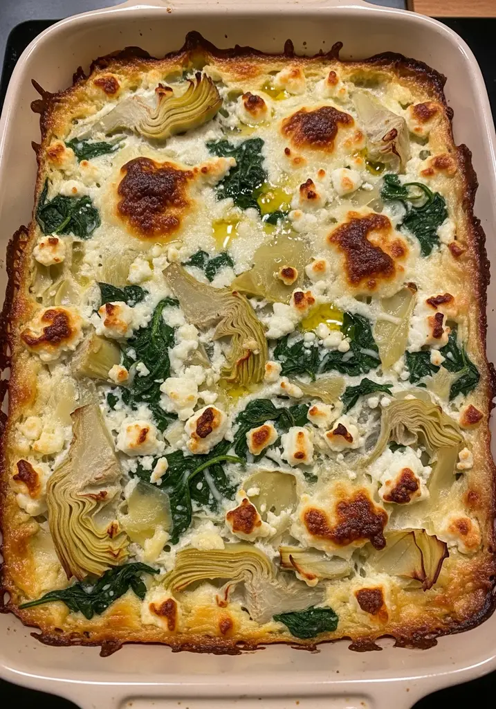 Bubbly, golden-brown feta spinach artichoke dip in a ceramic baking dish, fresh from the oven.