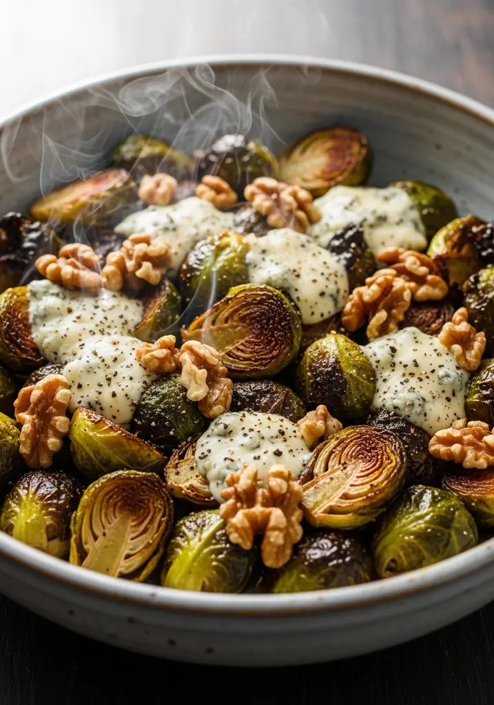 Serving bowl filled with roasted Brussels sprouts, walnuts, and melted blue cheese, garnished with black pepper.