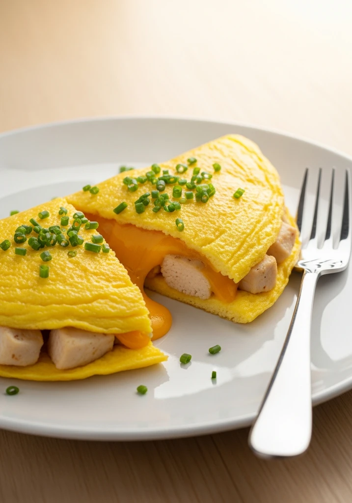 A perfectly folded golden-yellow chicken omelette on a white plate, garnished with fresh chives, with a fork nearby.
