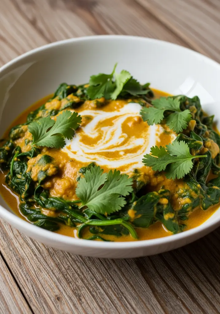 Serving of vibrant green creamy coconut curry spinach in a white ceramic bowl, garnished with fresh green cilantro leaves, on a rustic wooden table.