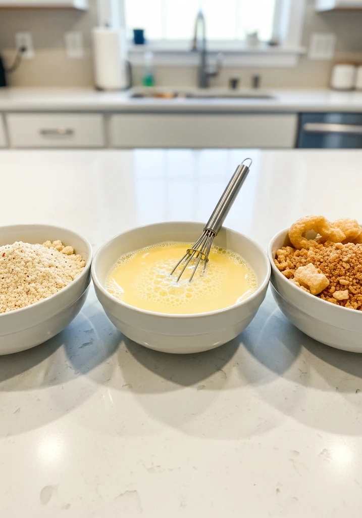 Three bowls in a row: seasoned almond flour, whisked egg wash, and crushed pork rind crumbs.