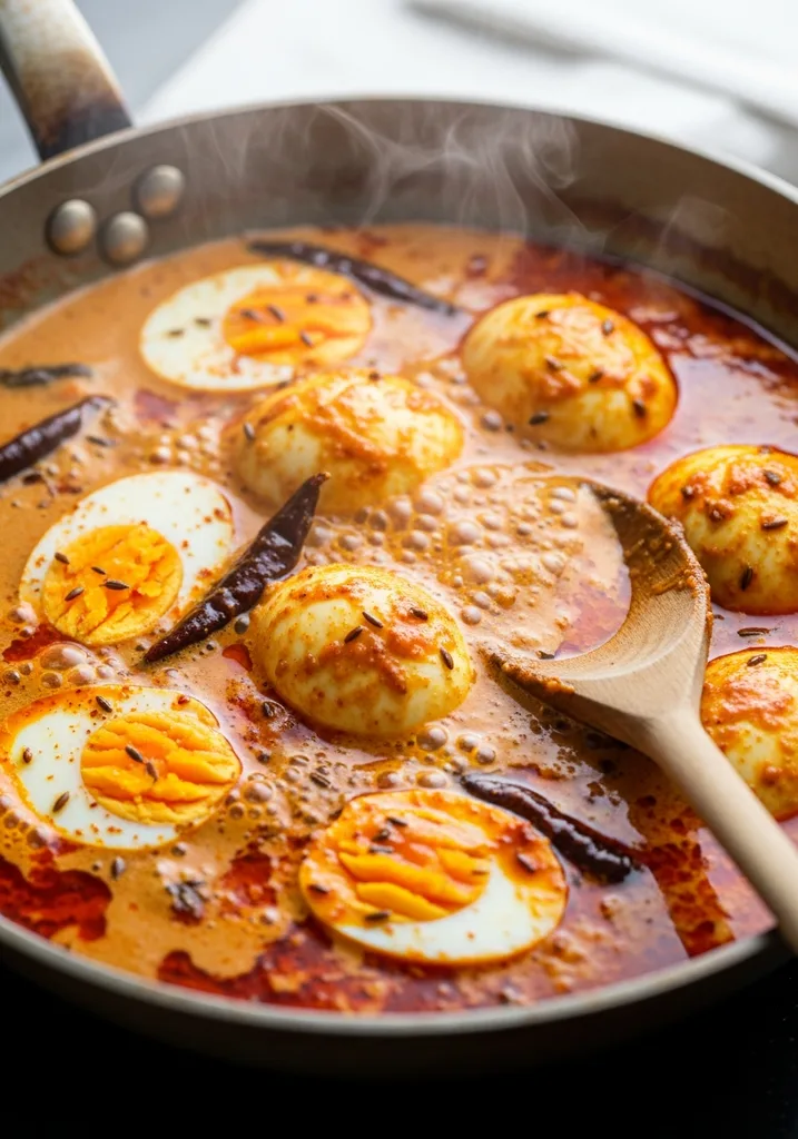 Boiled eggs simmering in a creamy, orange-red Indian curry gravy in a skillet with a wooden spoon.