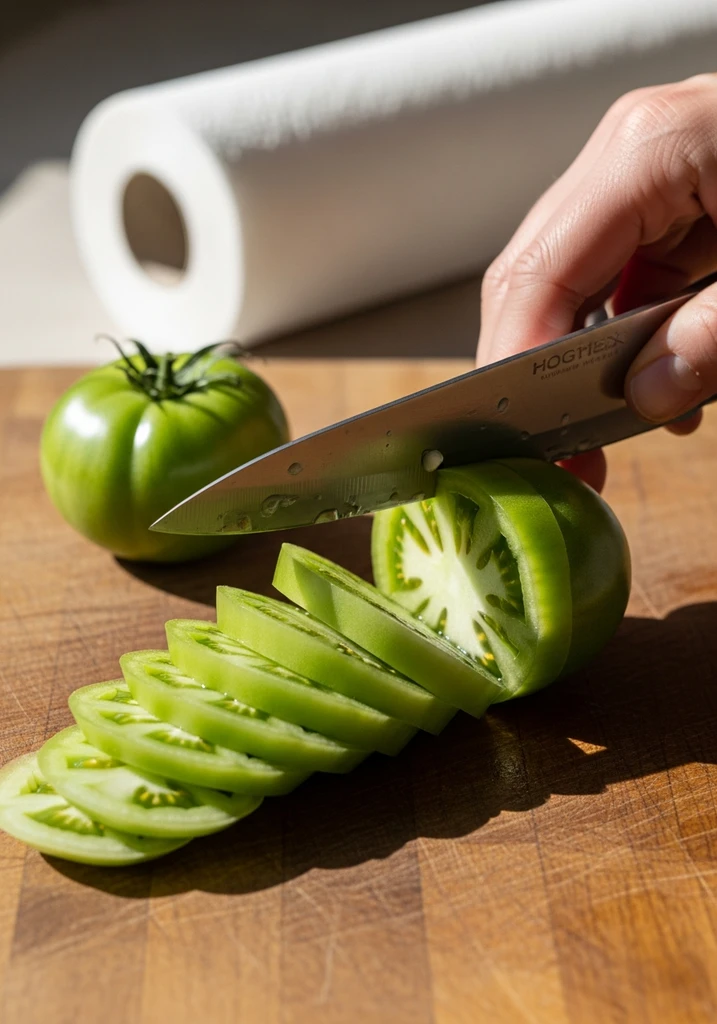 Green tomatoes being sliced into uniform 1/4-inch rounds on a wooden board, with paper towels.