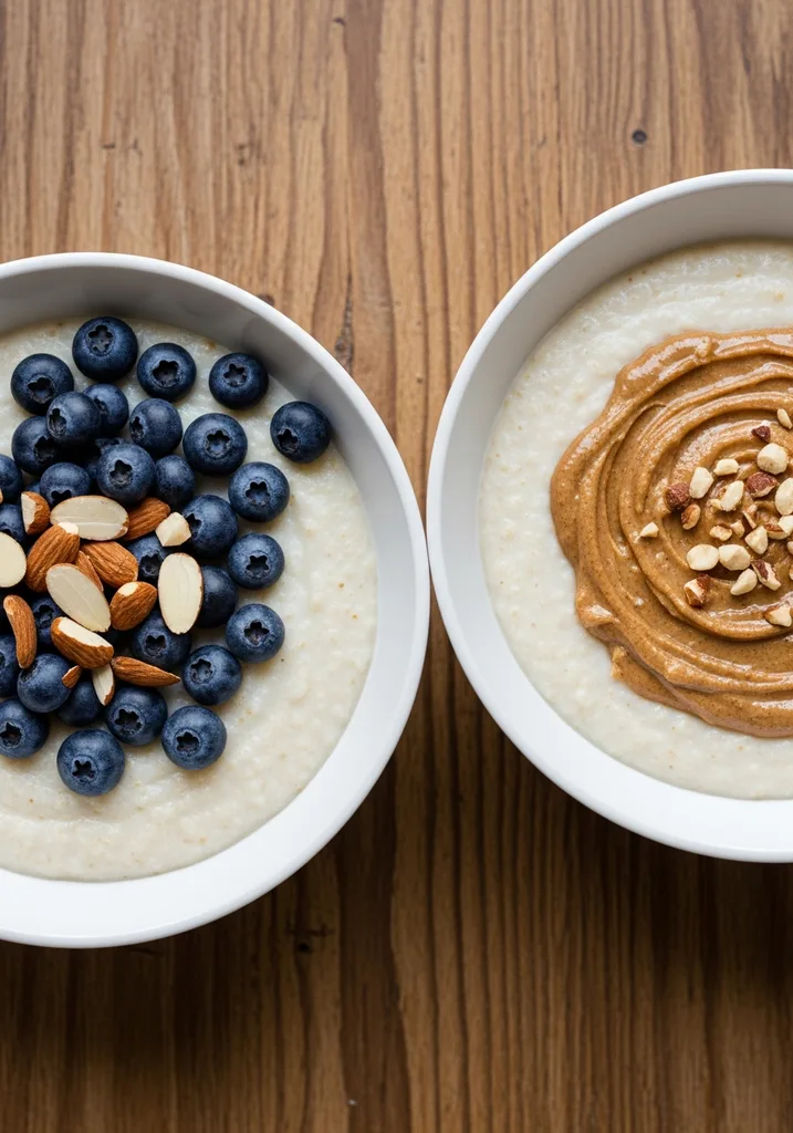 Two white bowls of creamy coconut flour porridge, one with blueberries and almonds, the other with nut butter swirl.