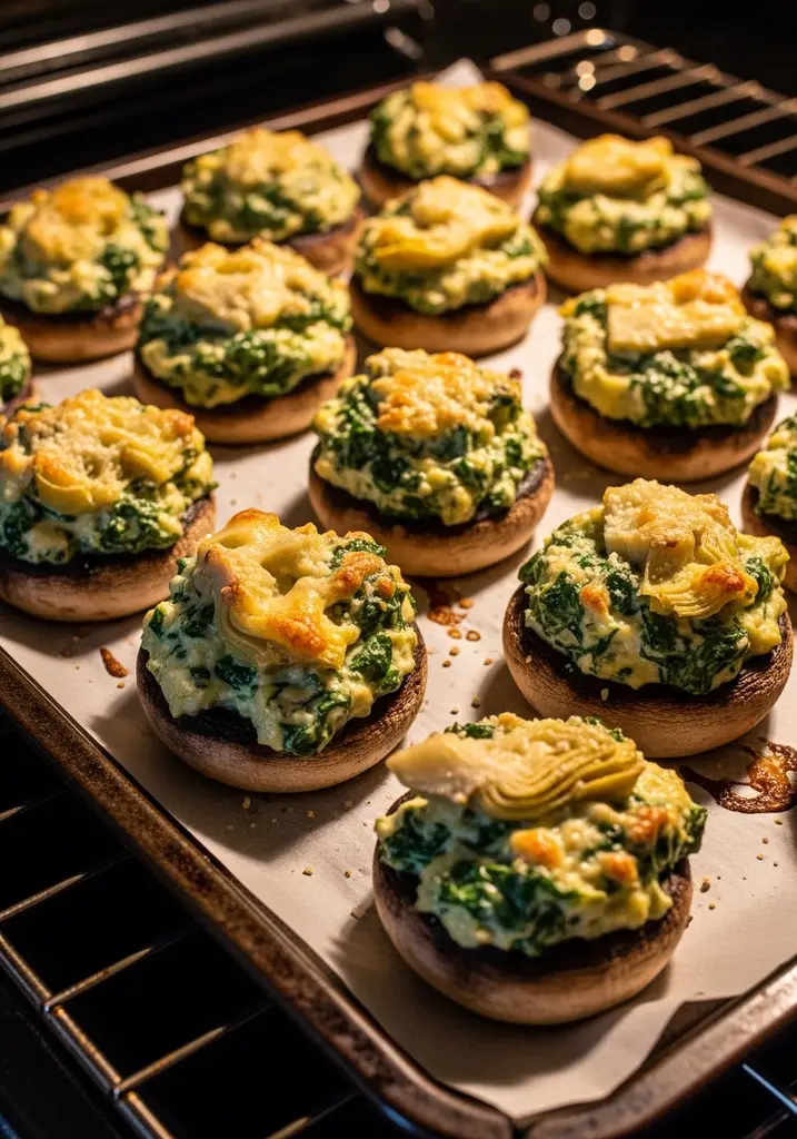 Mushroom caps generously stuffed with creamy spinach artichoke filling on a parchment-lined baking sheet.