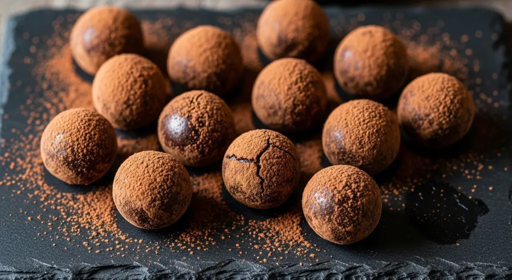 Assorted hand-rolled sugar-free dark chocolate truffles, coated in cocoa, chopped nuts, and toasted coconut flakes.