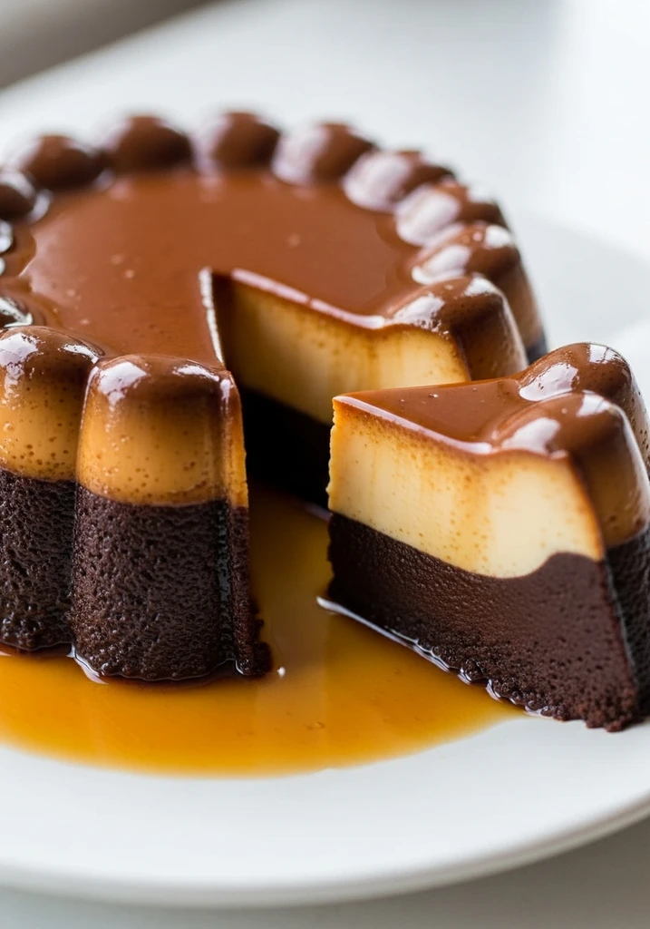 Perfectly unmolded keto choco flan on a white plate, glossy caramel sauce coating dark chocolate custard, with a slice removed.