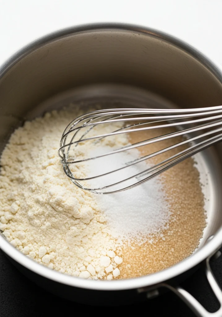 Close-up of white coconut flour, white sweetener, and salt being whisked in a silver saucepan.