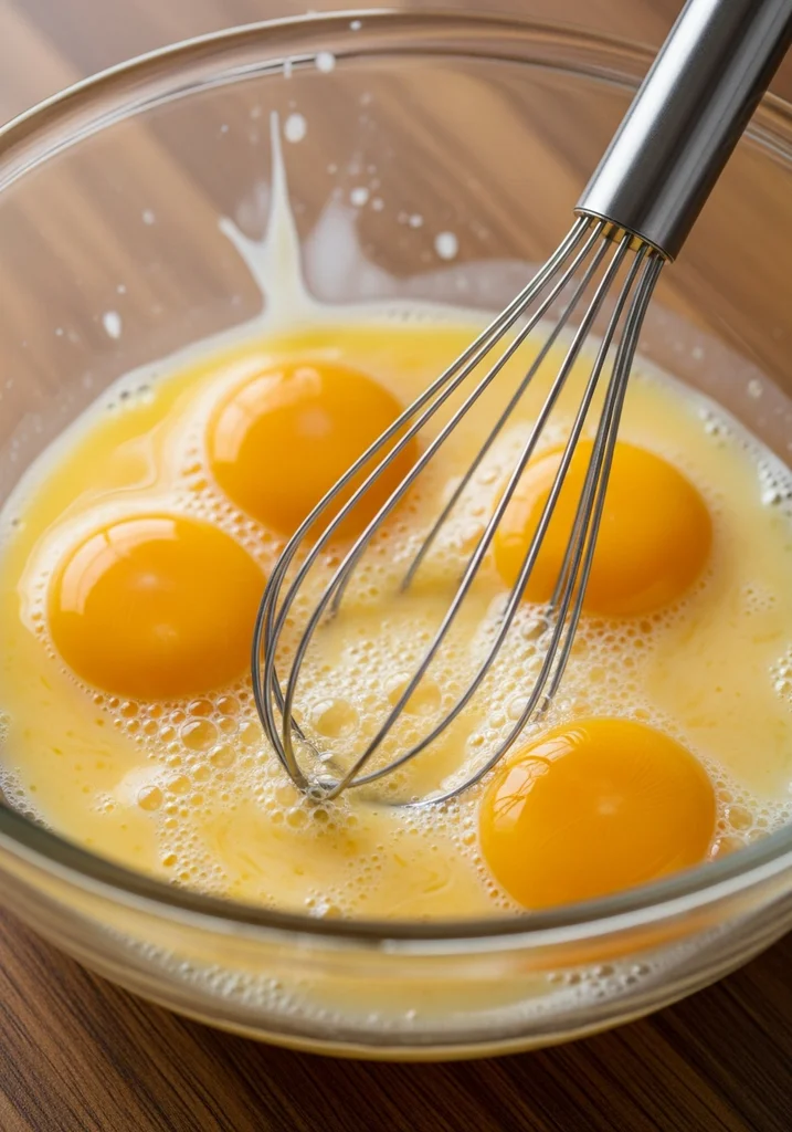 Three large eggs vigorously whisked with a metal whisk in a glass bowl, pale yellow and frothy with air bubbles.