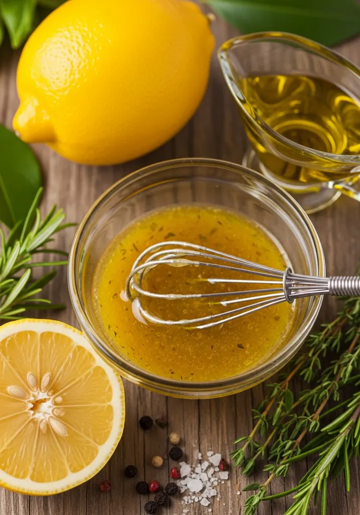 A small glass bowl holds a golden, emulsified lemon-herb vinaigrette with a whisk inside, on a wooden surface.