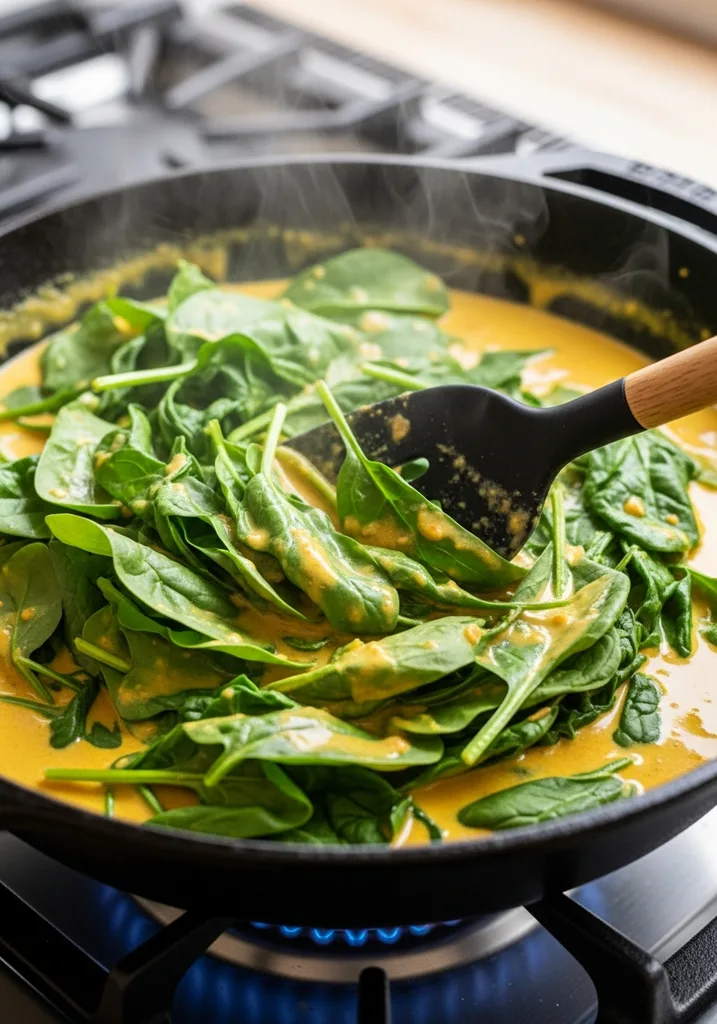 Large amount of fresh green spinach leaves wilting into a creamy yellow curry sauce in a deep skillet, being stirred with a black spatula.