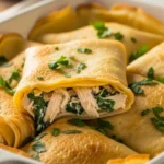 Golden-brown crepes filled with creamy chicken and spinach, baked in a white casserole dish, topped with melted cheese and fresh parsley.