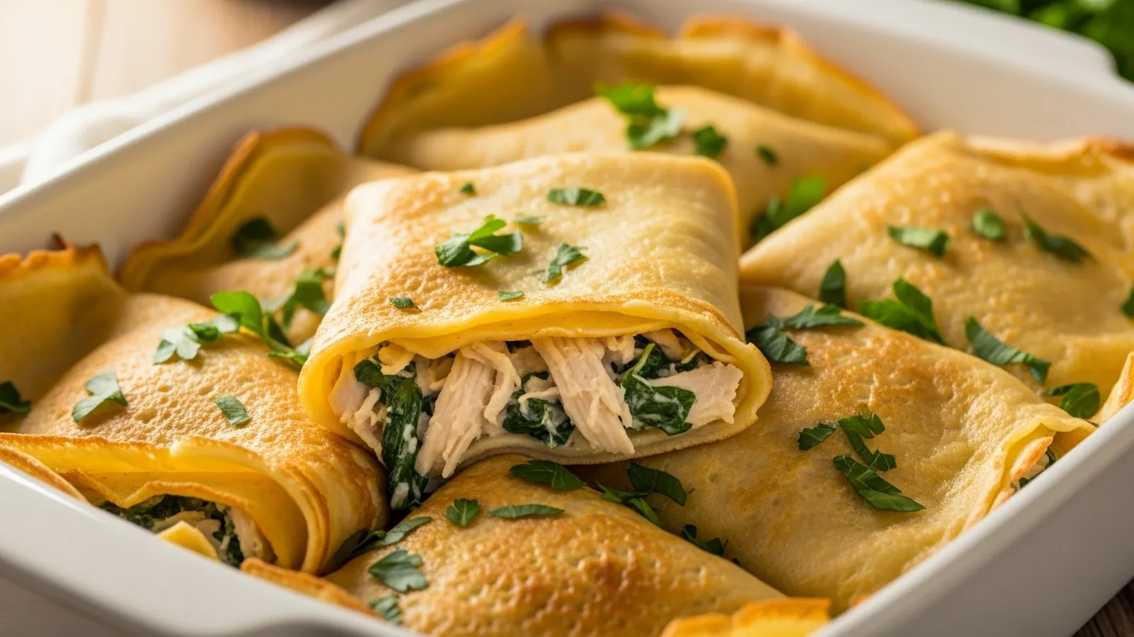 Golden-brown crepes filled with creamy chicken and spinach, baked in a white casserole dish, topped with melted cheese and fresh parsley.