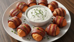 Crispy golden-brown bacon wrapped chicken bites on a white platter with a creamy dip.
