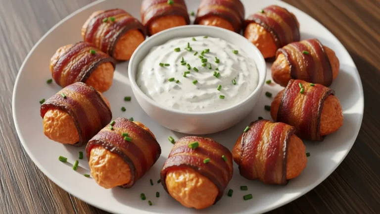 Crispy golden-brown bacon wrapped chicken bites on a white platter with a creamy dip.