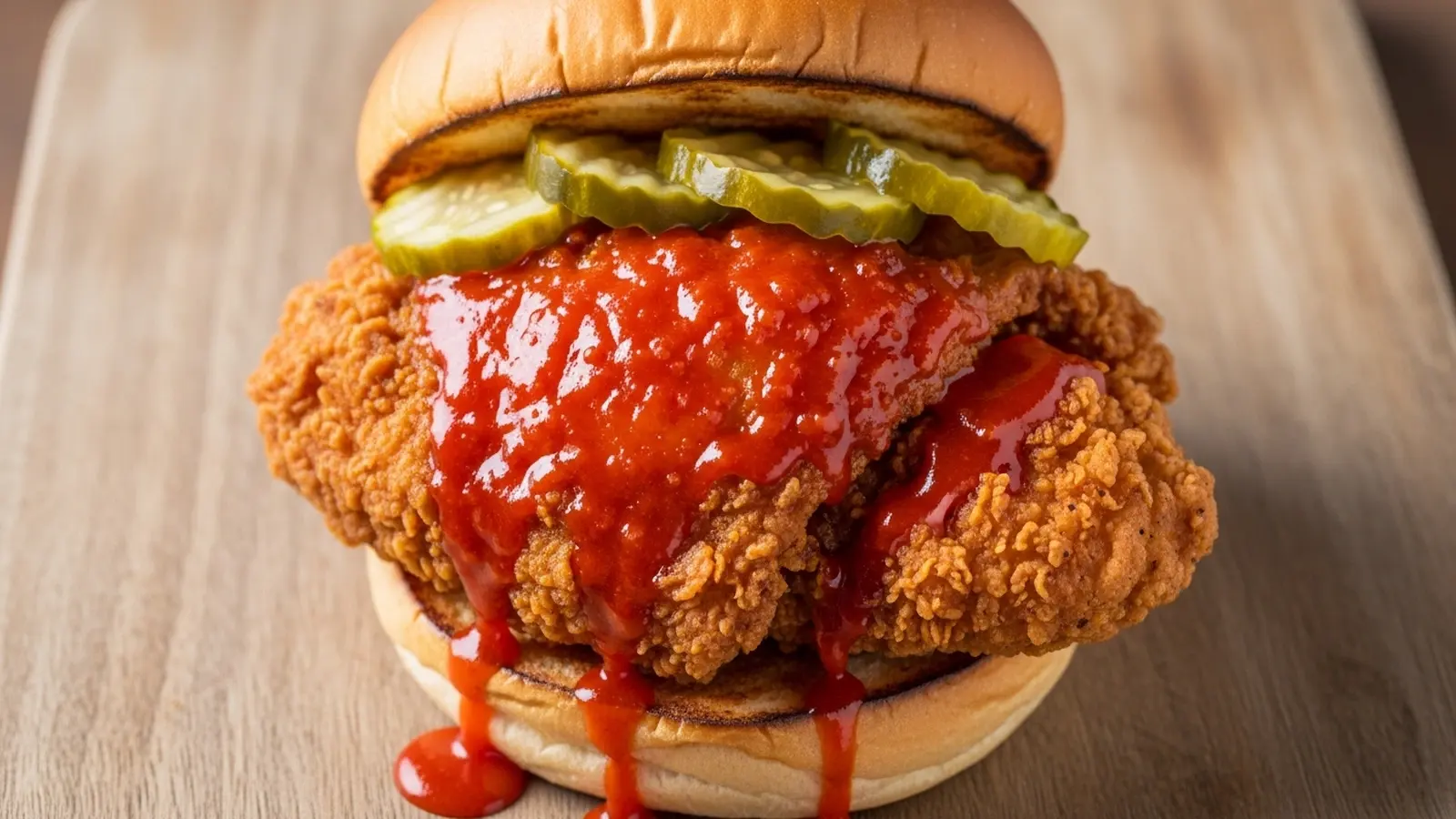 Crispy, red-orange keto Nashville hot chicken sandwich on a toasted bun with green pickle slices, on a wooden board.