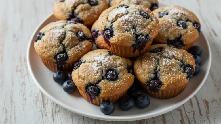 Golden-brown keto blueberry muffins with visible berries on a white plate, dusted with powdered sweetener.